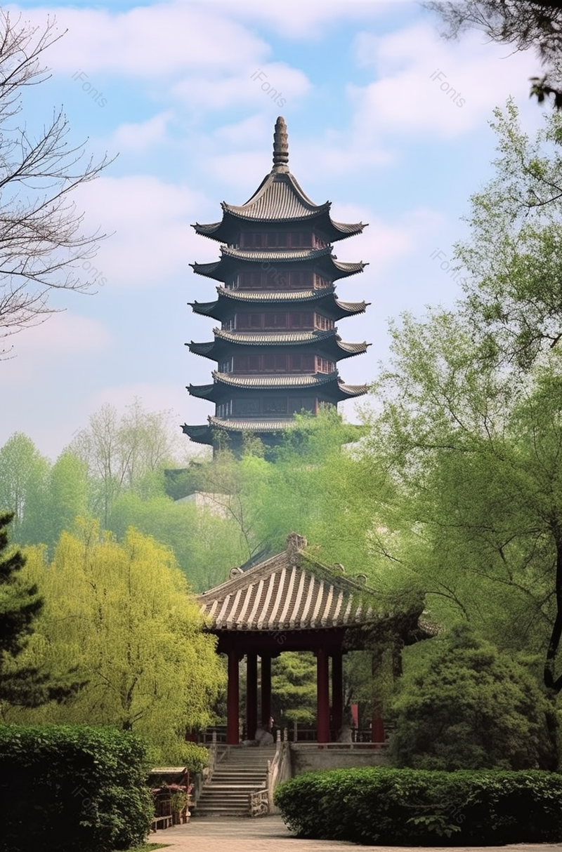 古风宝塔建筑寺庙绿树环绕美景拍摄,高清,摄影图,摄影图片,图片大全,摄影图免费下载